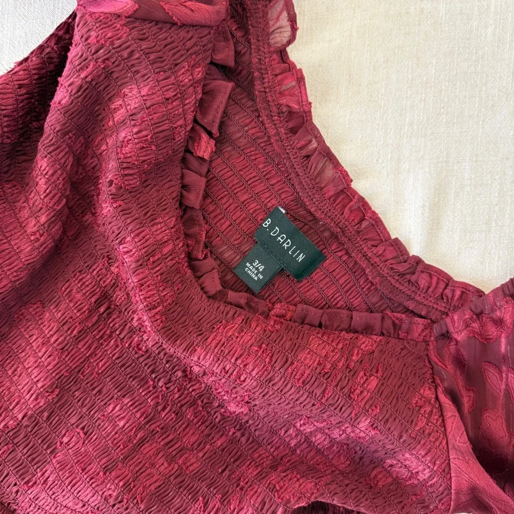 B. Darlin Burgundy Floral Burnout Smocked Tiered Mini Dress Womens 3/4 NWT - Picture 6 of 7